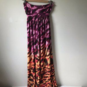 Steve Madden Strapless Maxi Dress Animal Orange Purple Black Empire Style Size M